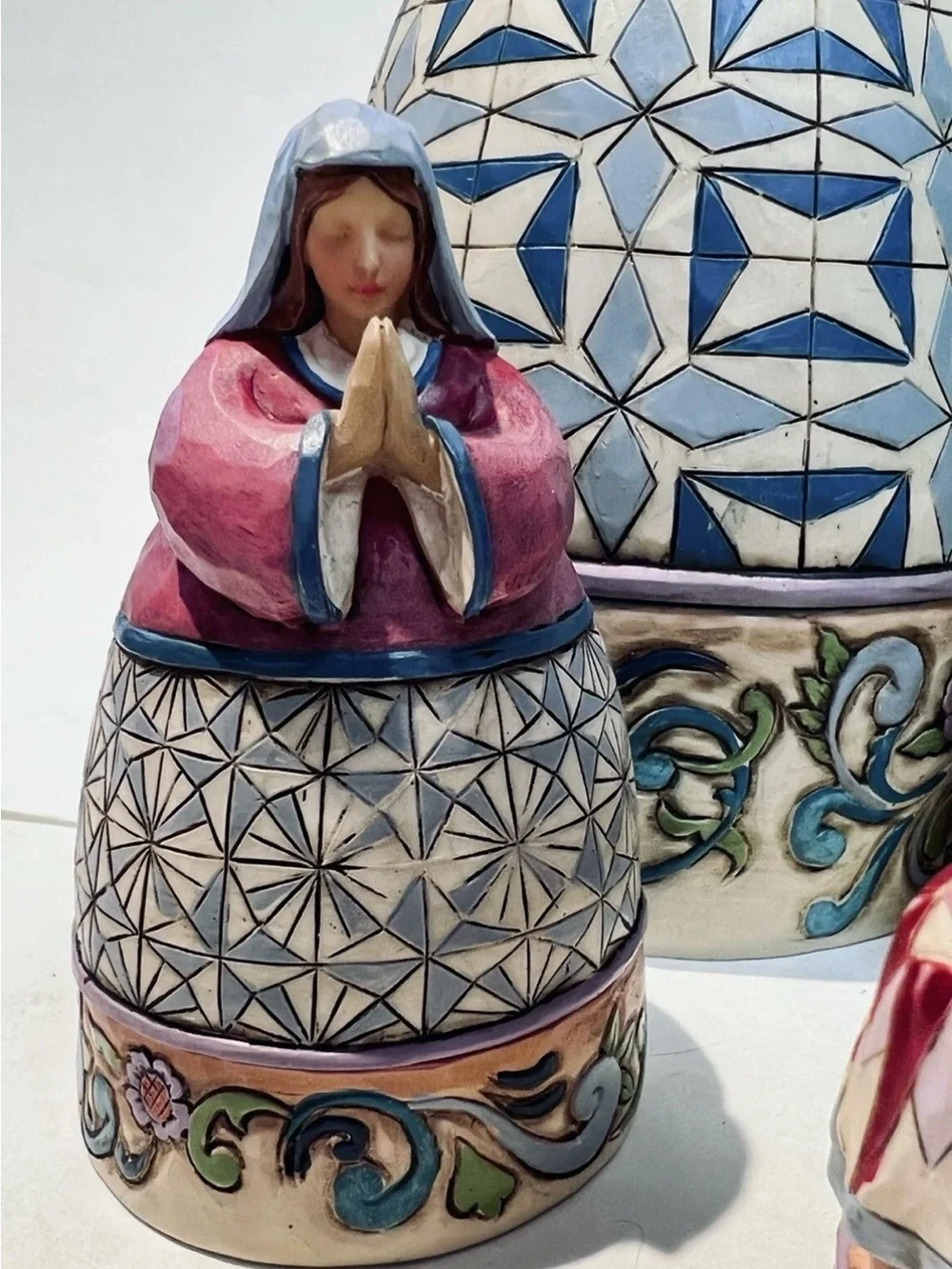 Jim Shore Ceramic Nativity Set in Blue, Green, Pink, Cream